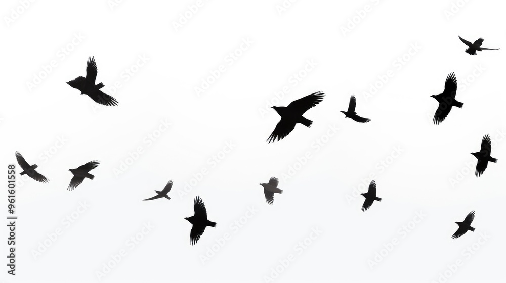 Fototapeta premium A flock of birds in silhouette fly against a white sky. The birds are arranged in a loose formation, creating a sense of movement and freedom.