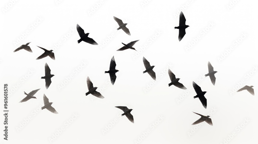 A flock of birds in flight against a white sky. The birds are silhouetted against the bright background, creating a dramatic and elegant image.