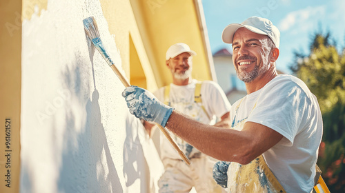 A diverse group painting the exterior of a house together photo