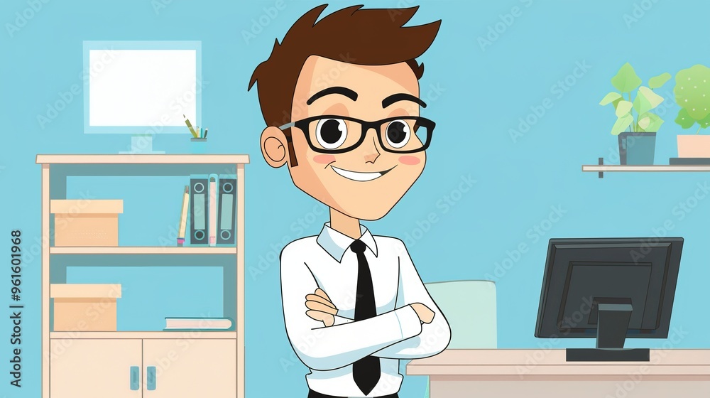 A cartoon business professional sitting at a desk, concentrating on important documents. Wearing a formal suit and tie, with a serious expression. Working on a big project and making plans. The cartoo A cartoon business professional sitting at a desk, concentrating on important documents. Wearing a formal suit and tie, with a serious expression. Working on a big project and making plans. The cartoo