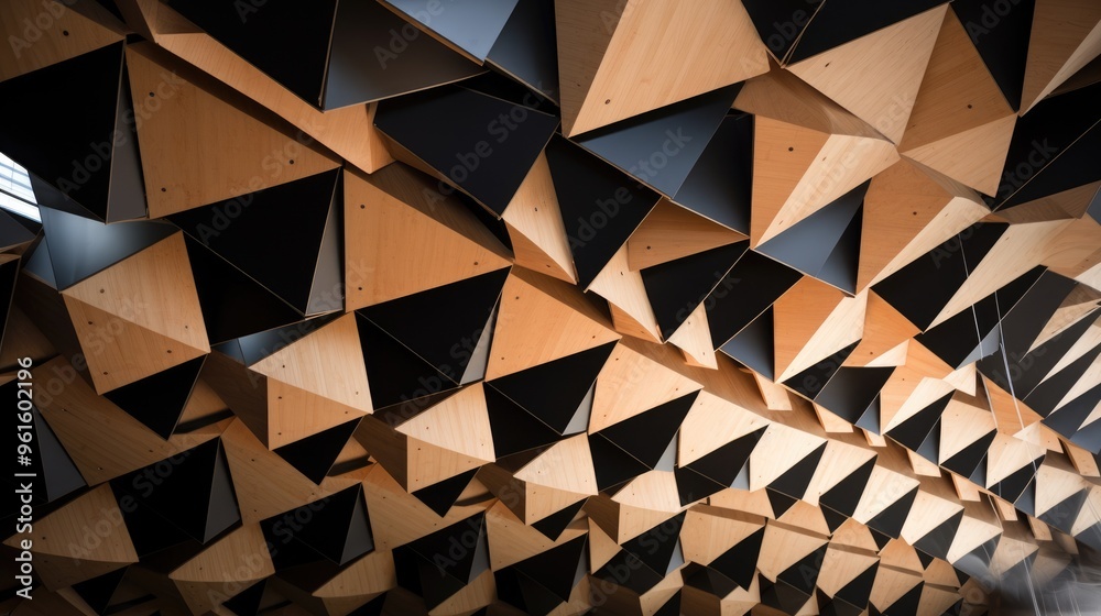 A geometric pattern of wood and black panels creates a visually striking abstract background. A geometric pattern of wood and black panels creates a visually striking abstract background.