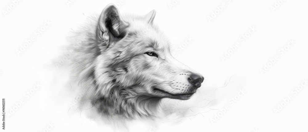 A black-and-white image depicts a wolf's head ..In this photograph, the wolf's head is rendered in shades of black and white A black-and-white image depicts a wolf's head ..In this photograph, the wolf's head is rendered in shades of black and white