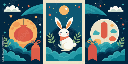 A rabbit sits in front of a full moon, creating a serene scene
