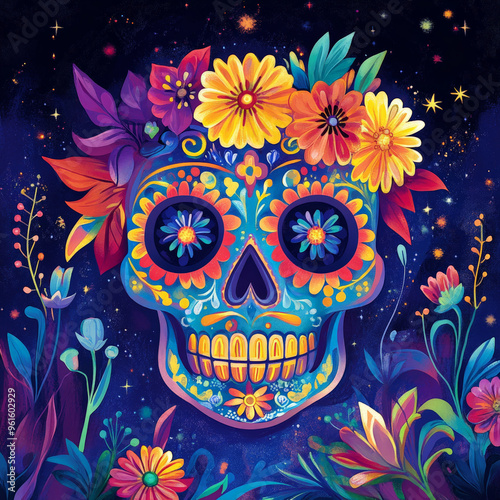 Day of the Dead skull mask with vibrant colors and flowers 