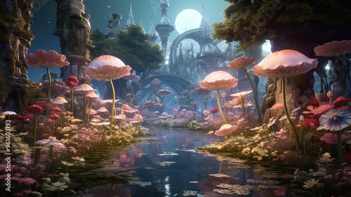 A magical forest with glowing mushrooms and a mystical castle in the background. The air is filled with a sense of wonder and enchantment.
