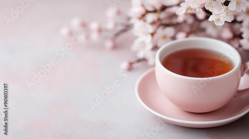 A close-up photograph of a pink cup of tea placed on a saucer, with a captivating backdrop of blooming cherry blossoms, offering a perfect blend of nature and elegance.