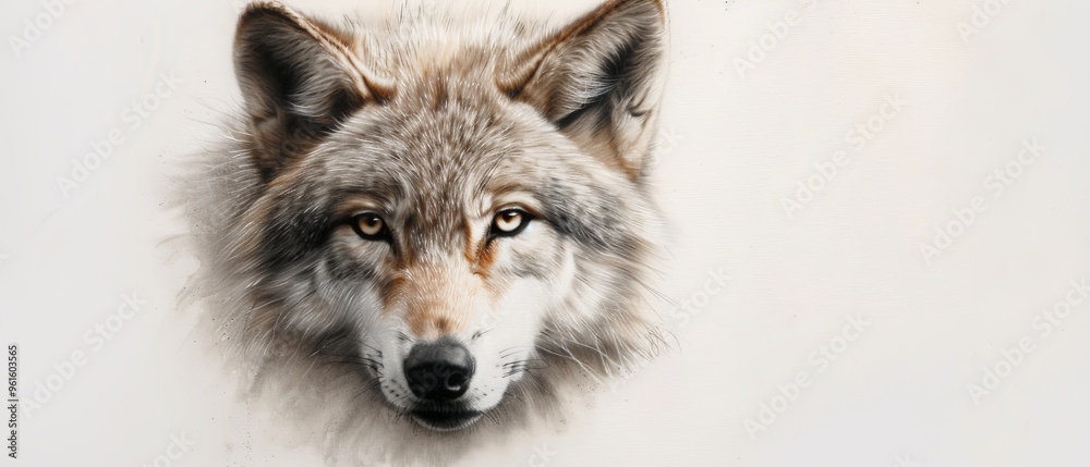 Obraz premium close-up image of a wolf's face against a white backdrop Blur should be removed from the wolf's head in this snapshot