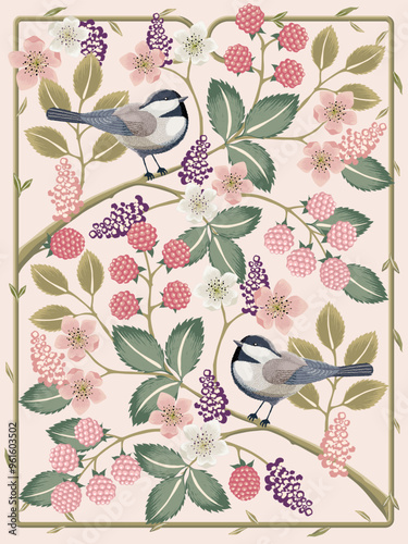 Vector illustration of flowers and cute little birds. Picture for poster, postcard, and frame.	