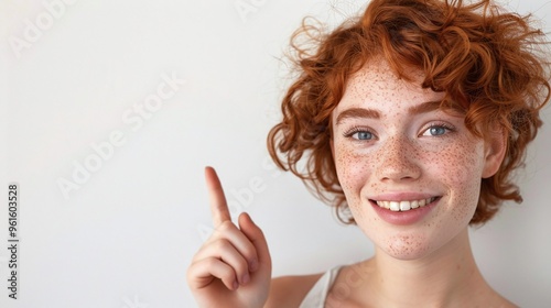 smiling young woman with freckles and short curly red hair pointing finger to the side isolated on white background with copy space for message photo