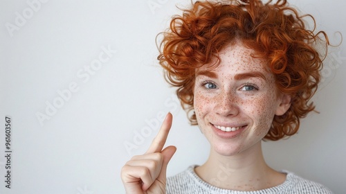 cute smiling woman with short curly red hair and freckles pointing finger to the side isolated on white background with space for text photo