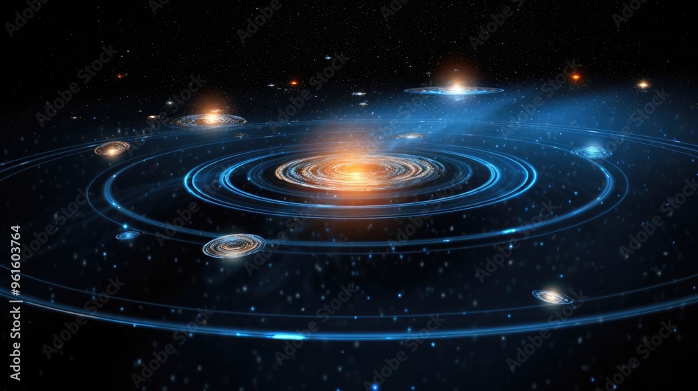 A mesmerizing cosmic scene with a central galaxy surrounded by swirling blue rings, creating a sense of wonder and mystery in the vast expanse of spac A mesmerizing cosmic scene with a central galaxy surrounded by swirling blue rings, creating a sense of wonder and mystery in the vast expanse of spac