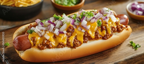 A classic chili cheese dog loaded with melted cheese and diced onions photo