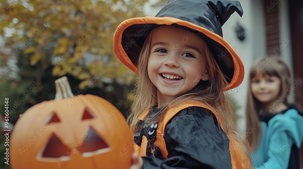Radosna scena z dziećmi ubranymi w różnorodne kostiumy na Halloween, wędrującymi od drzwi do drzwi podczas zabawy. Radosna scena z dziećmi ubranymi w różnorodne kostiumy na Halloween, wędrującymi od drzwi do drzwi podczas zabawy.
