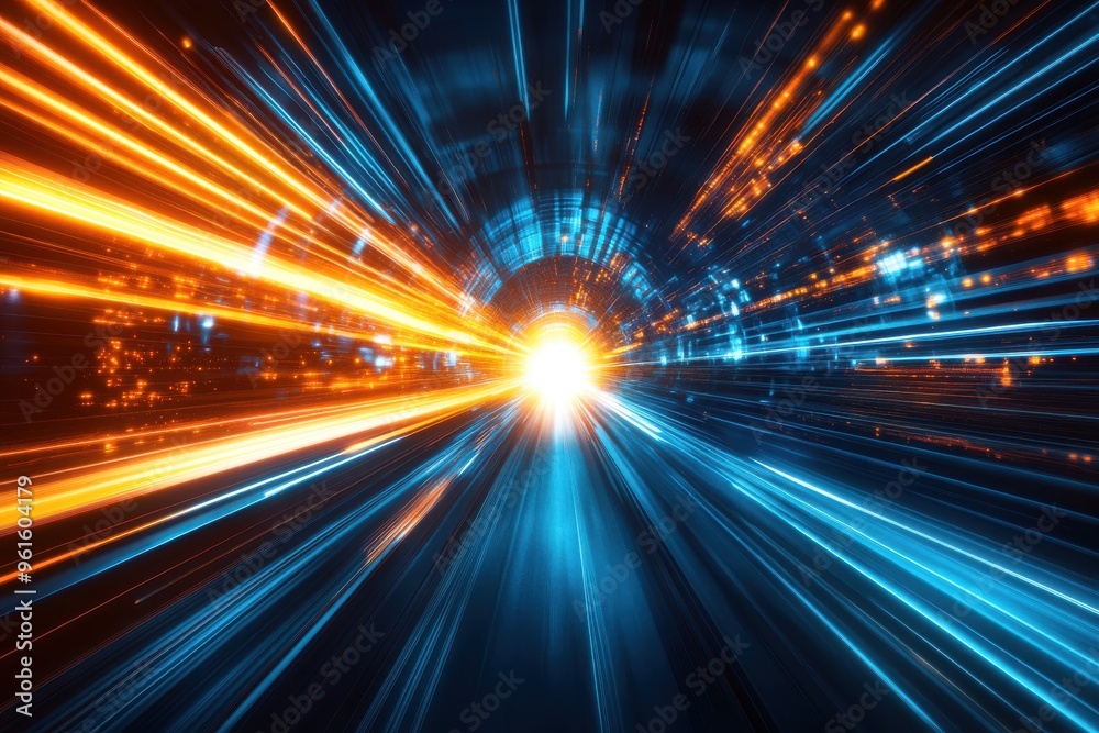 A high-speed light effect, with blue and orange streaks