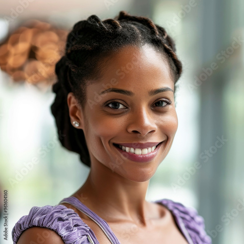 Close-up of smiling businesswoman with positive energy in office setting