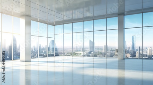 A modern office space with large windows offering a stunning panoramic view of the city skyline.