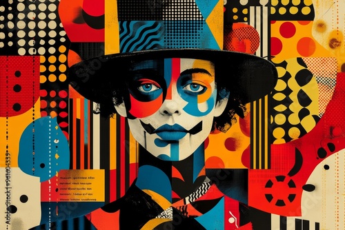 A modern circus flyer design with geometric patterns, abstract shapes and minimalist illustrations of performers. Generative AI