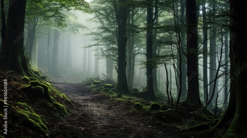 A mystical forest path winds through a dense canopy of trees, shrouded in a veil of fog. A mystical forest path winds through a dense canopy of trees, shrouded in a veil of fog.