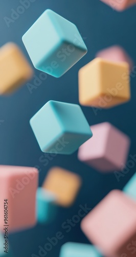 Vibrant close-up of colorful blocks floating against a dark background, capturing a playful and dynamic composition that evokes creativity and imagination.