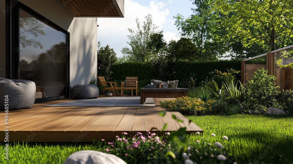 Naklejka premium Przestronna strefa patio w ogrodzie z dobrze utrzymanym drewnianym tarasem. Deski drewniane na podłodze oferują eleganckie wykończenie, a całość otaczają rośliny i elementy zieleni.