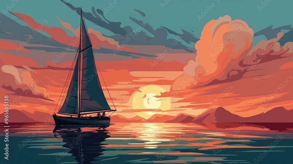 Naklejka premium A sailboat glides across a calm sea at sunset, its sails catching the last rays of the sun.