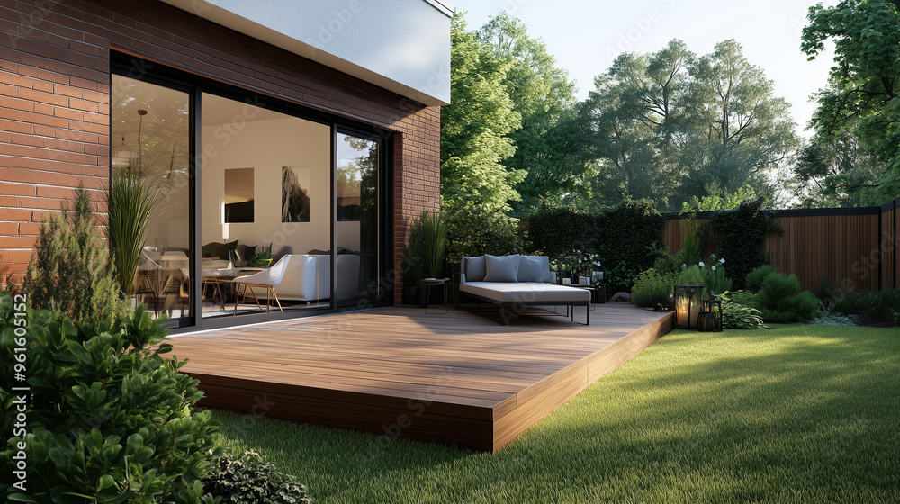 Przestronna strefa patio w ogrodzie z dobrze utrzymanym drewnianym tarasem. Deski drewniane na podłodze oferują eleganckie wykończenie, a całość otaczają rośliny i elementy zieleni. Przestronna strefa patio w ogrodzie z dobrze utrzymanym drewnianym tarasem. Deski drewniane na podłodze oferują eleganckie wykończenie, a całość otaczają rośliny i elementy zieleni.