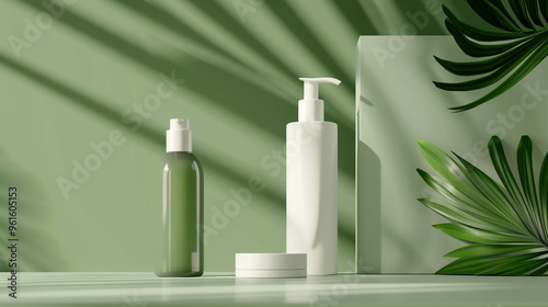 Set of Cosmetic Bottles. Packaging Scene Mockup. Pump Cream And Foam Bottle composition on the green natural background. Eco concept