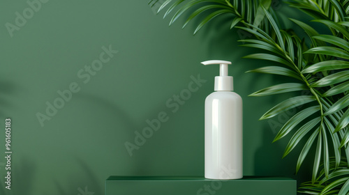Cosmetic Packaging Scene Mockup. Pump Cream And Foam Bottle composition on the green natural background. Eco concept