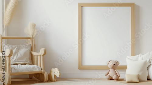 Mock up frame in children room with natural wooden furniture, light colors. Farmhouse style interior background, 3D render