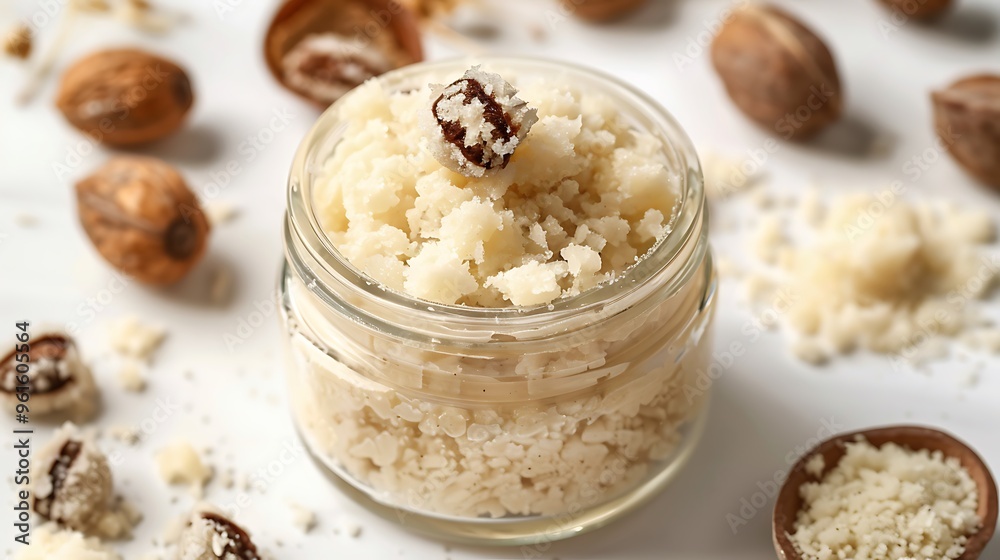 A jar of shea butter face scrub placed on a white background with shea nuts. A jar of shea butter face scrub placed on a white background with shea nuts.
