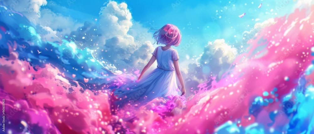 pink, blue, and purple blooms surround; clouds dot the skybackdrop pink, blue, and purple blooms surround; clouds dot the skybackdrop