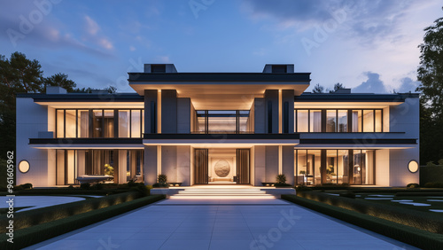 Modern Villa: Symmetrical Facade with Evening Lighting