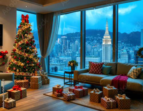 Le sapin de Noël majestueux, décoré de lumières étincelantes et de décorations festives, occupe une place centrale dans un salon élégant, entouré de paquets cadeaux soigneusement disposés. photo