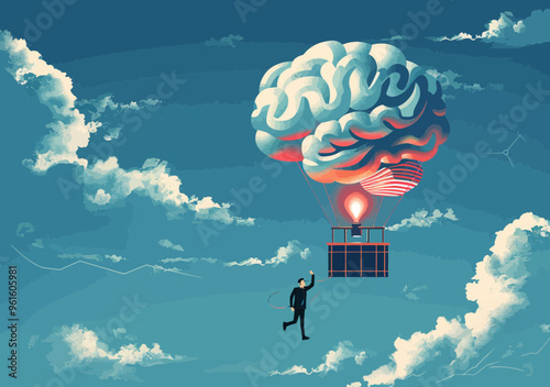 Businessman Flying in Brain-Shaped Hot Air Balloon Representing Innovation and Intelligence Amid Clouds, Conceptual Illustration for Creativity and Business Success