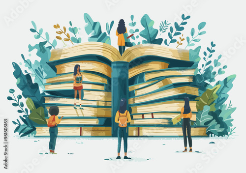 Students Learning with Giant Books in Nature, Teacher Guiding Pupils, Education and Study Concept Vector Illustration, Minimalistic Design in Daytime