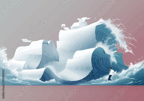 Businessman Resisting Paperwork Tsunami - Metaphor Illustration of Bureaucracy Overwhelm and Office Stress in Minimalistic Vector Style