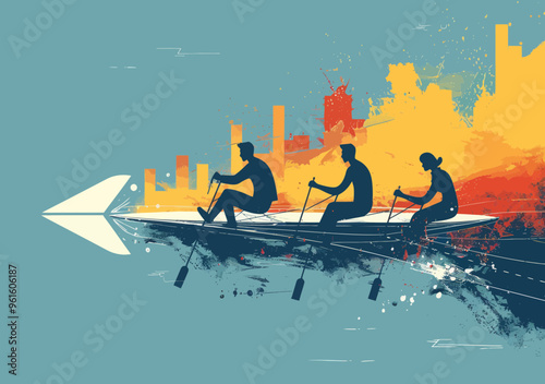 Business Teamwork Concept Illustration - Three Business People Rowing and Flying on White Arrow, Collaborating for Success, Minimalistic Vector Art