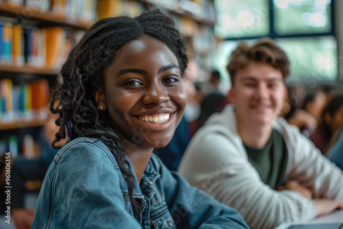 Diverse Students Smiling in Library Setting for Modern Education and Learning