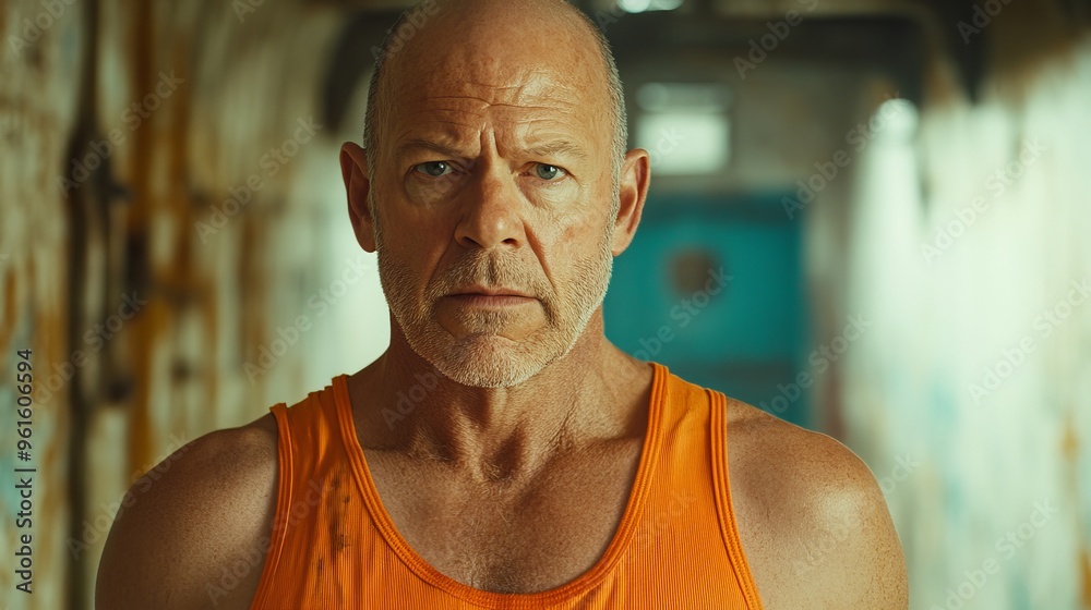 A man in an orange tank top stands in a dark, abandoned corridor A man in an orange tank top stands in a dark, abandoned corridor