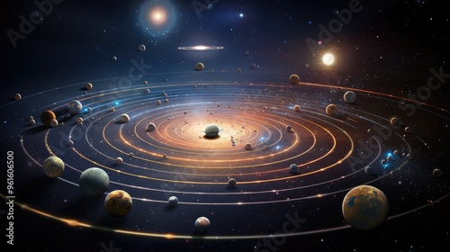 A stunning cosmic scene with a vibrant galaxy and planets in orbit, creating a breathtaking display of celestial beauty.