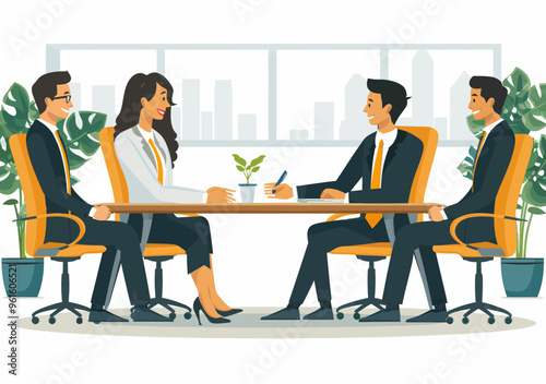 Office Workers Negotiating Agreement at Conference Table with Background Handshake, Vector Illustration of Business Deal and Collaboration, Daytime Professional Meeting, Mutual Understanding Concept