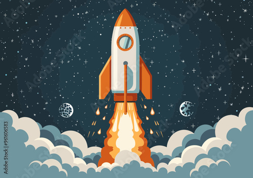 Businessman Launching Startup on Smartphone with Rocket, Innovative Business Concept, Minimalistic Vector Illustration, Night Sky, Entrepreneurship, Technology Integration, Success, Digital Marketing
