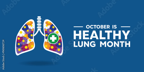 Healthy Lung Month. Lung, plus icon and flower. Great for cards, banners, posters, social media and more. Blue background.