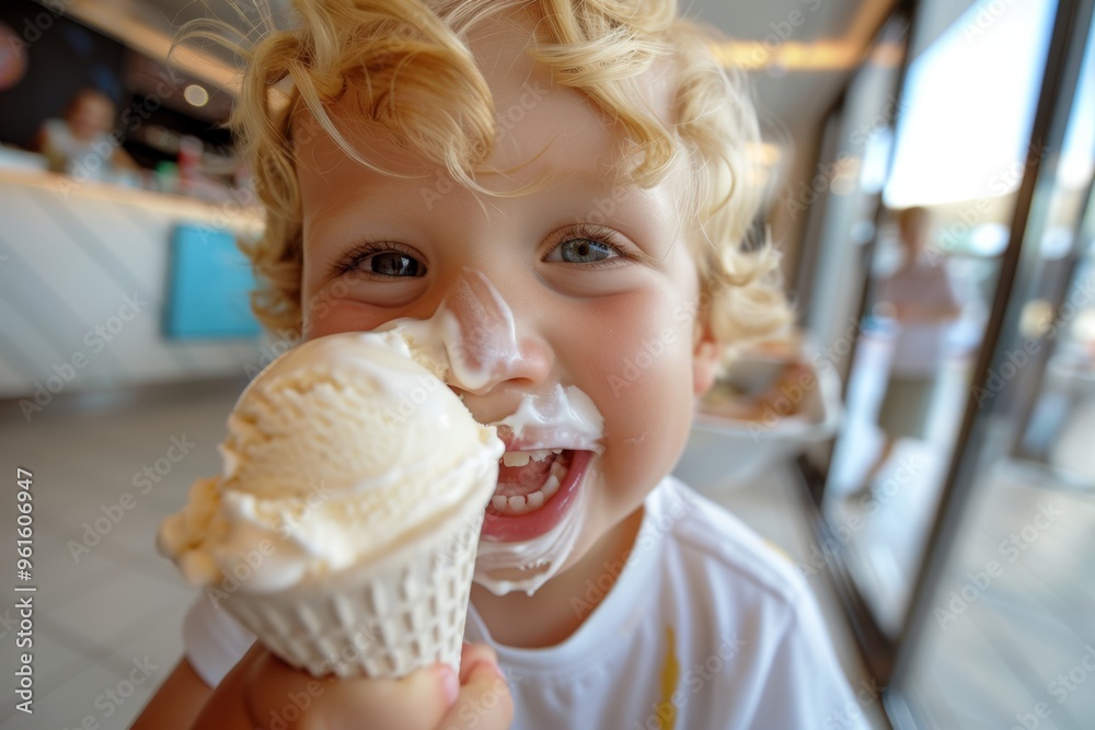Child happily enjoys a sweet ice cream treat. Cheerful little boy enjoys sunny day golden locks shining. Golden locks shining sun highlight natural beauty and joy. Child happily enjoys a sweet ice cream treat. Cheerful little boy enjoys sunny day golden locks shining. Golden locks shining sun highlight natural beauty and joy.