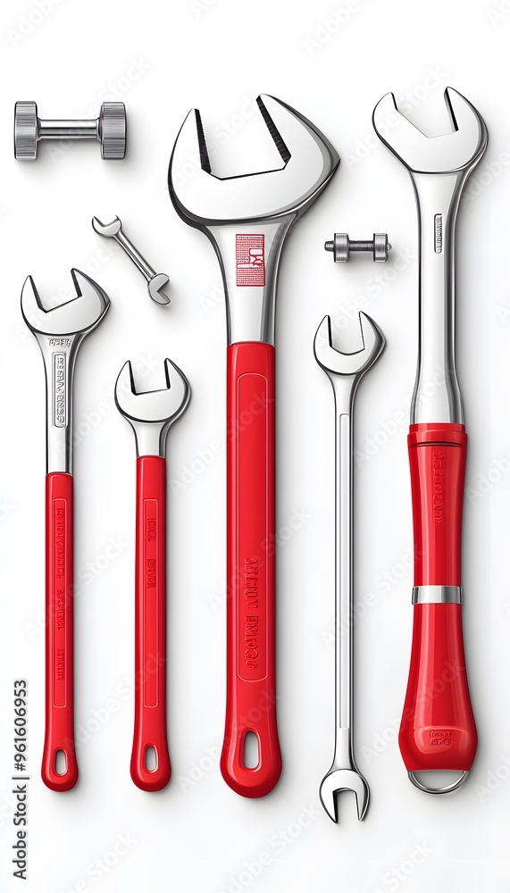 Red and Silver Wrenches and a Dumbbell - 3D Illustration Red and Silver Wrenches and a Dumbbell - 3D Illustration
