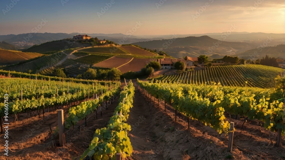 Naklejka premium Vineyard on hill at sunset, panoramic view 