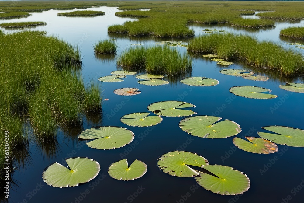 Aerial Perspective of Serene Marsh Landscape with Lilypads Reflected on Water Aerial Perspective of Serene Marsh Landscape with Lilypads Reflected on Water