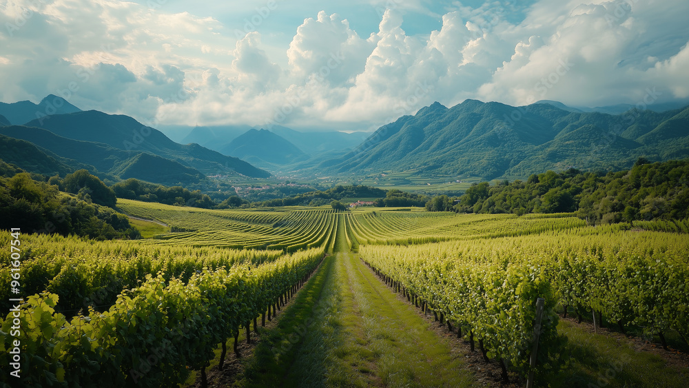 Naklejka premium Hazy Romantic Vineyards: Mountains and Clouds in the Distance