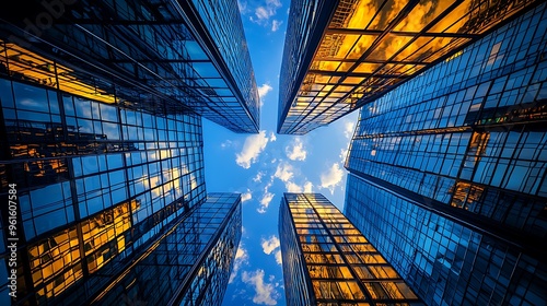 Modern glass skyscrapers reflect the clouds and sky, highlighting the harmony between architecture and nature.