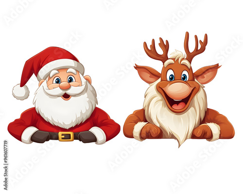 Santa and Rudolph Banner Side by Side, Holiday Cheer in Cartoon Style, Isolated on a Transparent PNG Background 